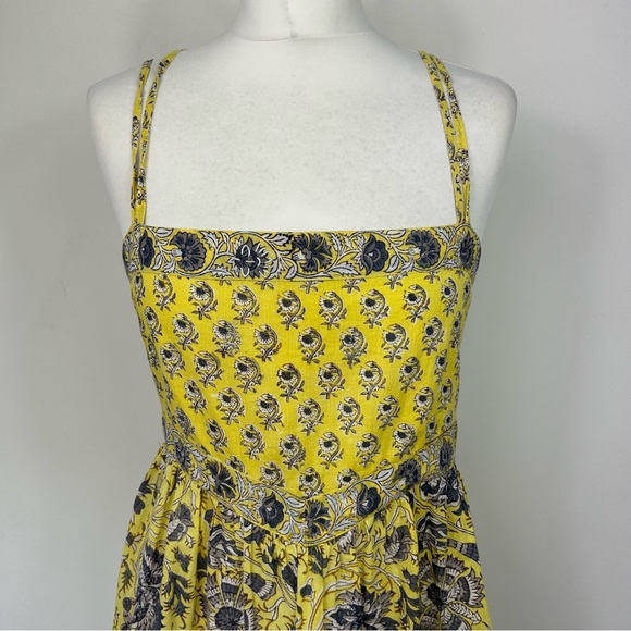 East Artisan Anokhi Maxi Dress Size 18 Bright Yellow Block Print Tiered Boho - Picture 2 of 9